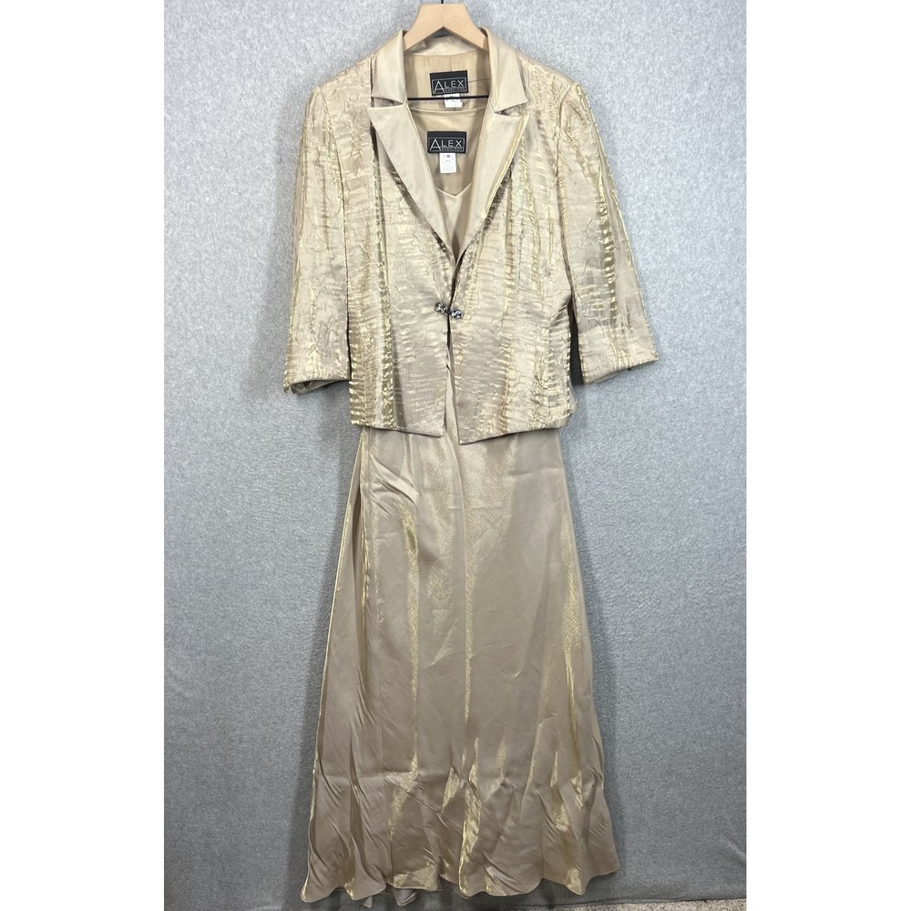 Alex Evenings Gold Metallic Maxi Dress and Textured Jacket Set Size 10 Formal